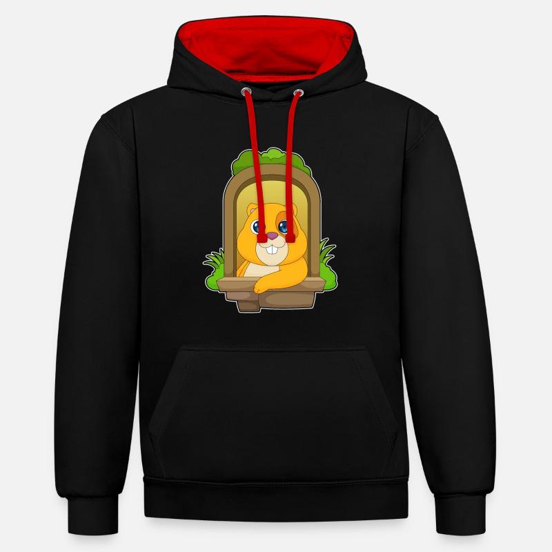 Hamster regarde par la fenêtre - Sweat à capuche contrasté - noir/rouge