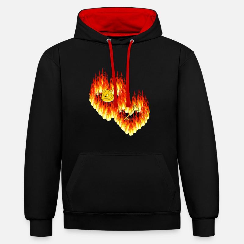 Cœurs Flamme Amour Relation Saint-Valentin - Sweat à capuche contrasté - noir/rouge