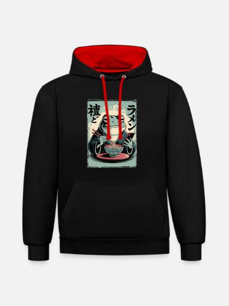 Funny frog, grumpy, Japanese art, ramen - Contrast hoodie - black/red