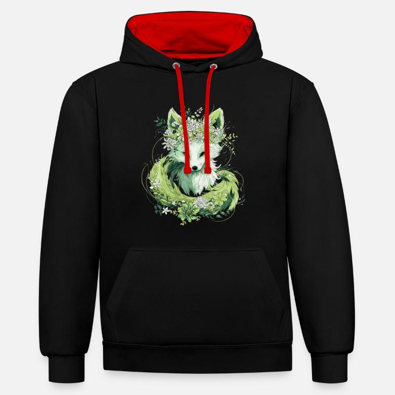 Kitsune renard boho fleurs naturelles - Sweat à capuche contrasté - noir/rouge