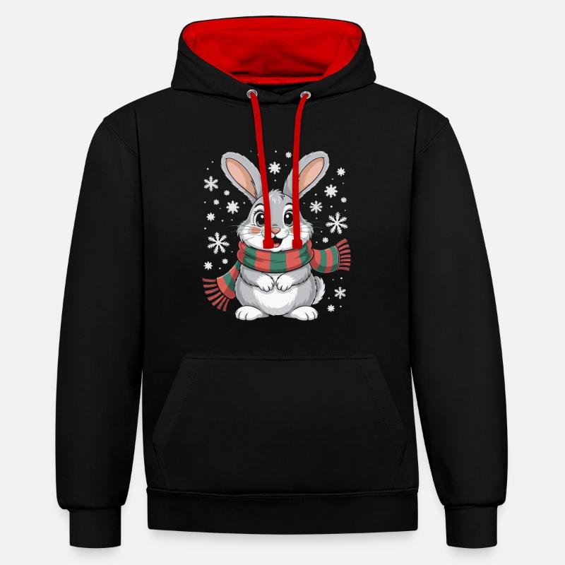 Lapin d’hiver avec écharpe - Sweat à capuche contrasté - noir/rouge