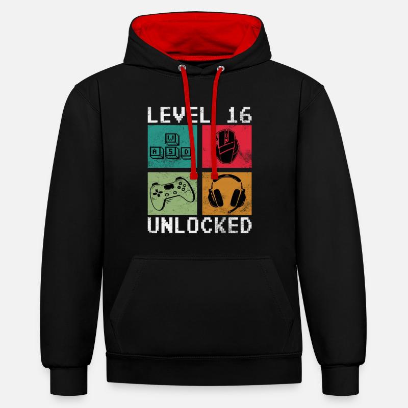 Niveau 16 Débloqué Rétro Gaming - Sweat à capuche contrasté - noir/rouge