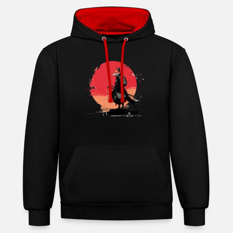 Fox Samurai au coucher du soleil - Sweat à capuche contrasté - noir/rouge
