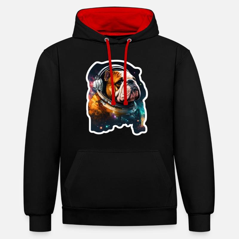 Bulldog dans l’espace, drôles de chiens, Spacedogo! - Sweat à capuche contrasté - noir/rouge