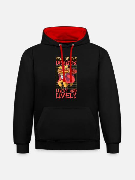 Année du Dragon 2024 - Sweat à capuche contrasté - noir/rouge