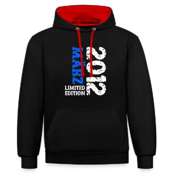 2012 März Limited Edition Geburtstag Geschenk - Kontrast-Hoodie - Schwarz/Rot - Vorne - Anna (173cm) & Nico (186cm)