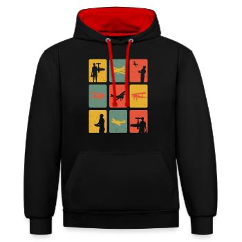 Retro Modellflug Modellflieger Modellflugzeug - Kontrast-Hoodie - Schwarz/Rot - Vorne - Anna (173cm) & Nico (186cm)
