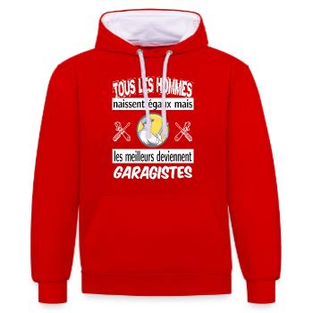 les meilleurs deviennent garagistes - Sweat à capuche contrasté - rouge/blanc - Devant - Liana (172cm) & Jaron (178cm)