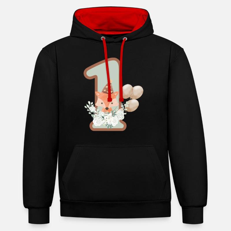 1e anniversaire renard fleurs - Sweat à capuche contrasté - noir/rouge