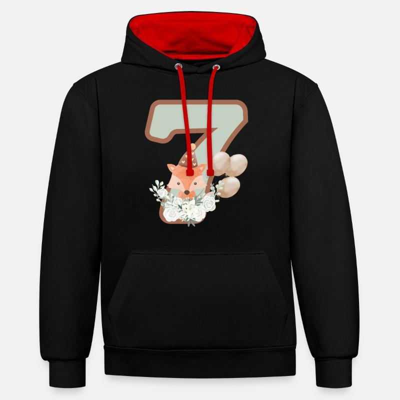 7e anniversaire renard fleurs - Sweat à capuche contrasté - noir/rouge