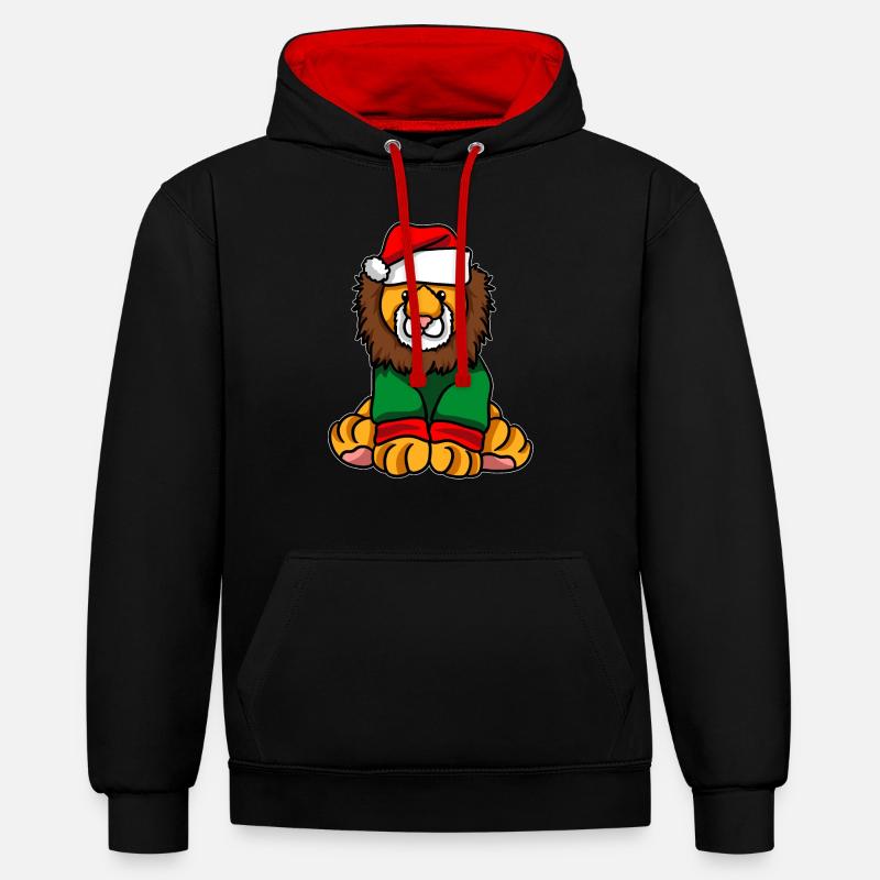 Lion avec pull de Noël - Sweat à capuche contrasté - noir/rouge