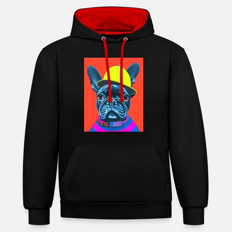 Bouledogue Français mignon et stylé - Sweat à capuche contrasté - noir/rouge