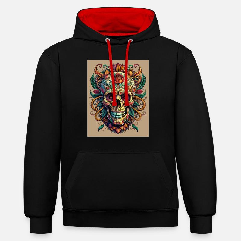 Éphémère ornée de fleurs - Sweat à capuche contrasté - noir/rouge