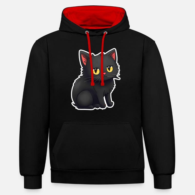 Autocollants de chats noirs mignons - Sweat à capuche contrasté - noir/rouge