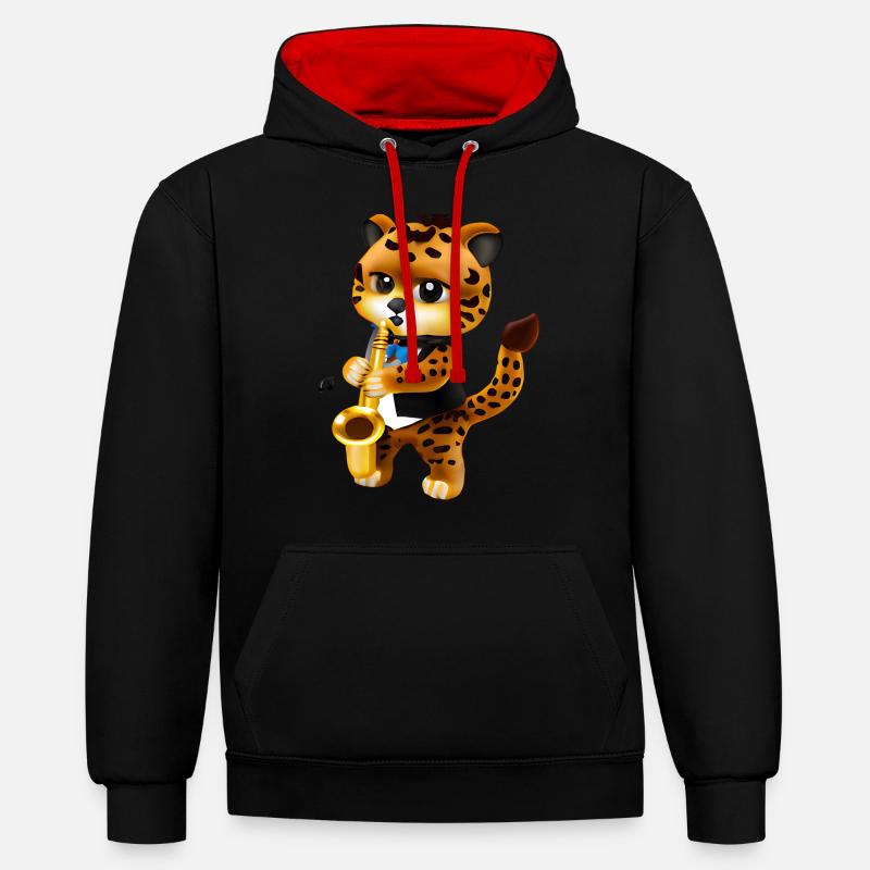 Léopard avec saxophone - Sweat à capuche contrasté - noir/rouge