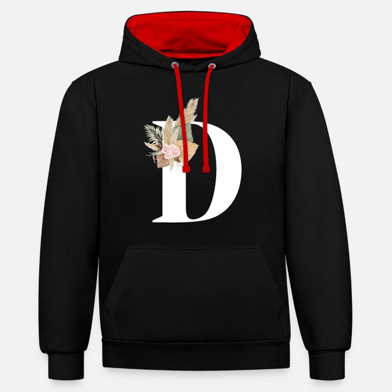 lettre D fleuris - Sweat à capuche contrasté - noir/rouge