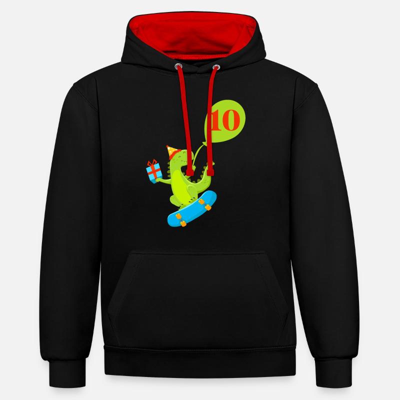 10e anniversaire dinosaure mignon - Sweat à capuche contrasté - noir/rouge
