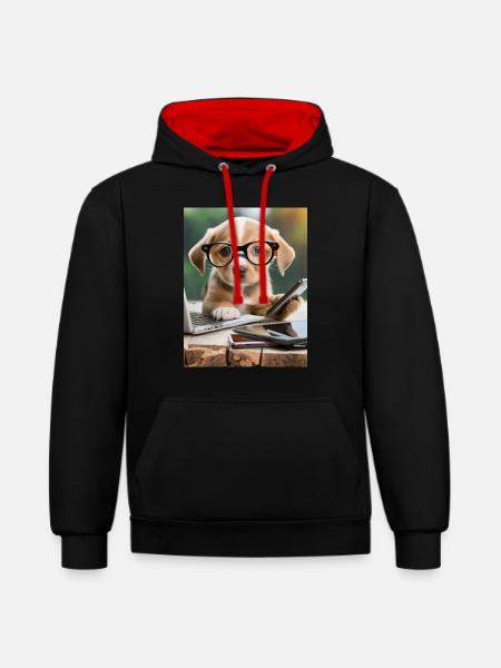 Hund mit Brille - Kontrast-Hoodie - Schwarz/Rot