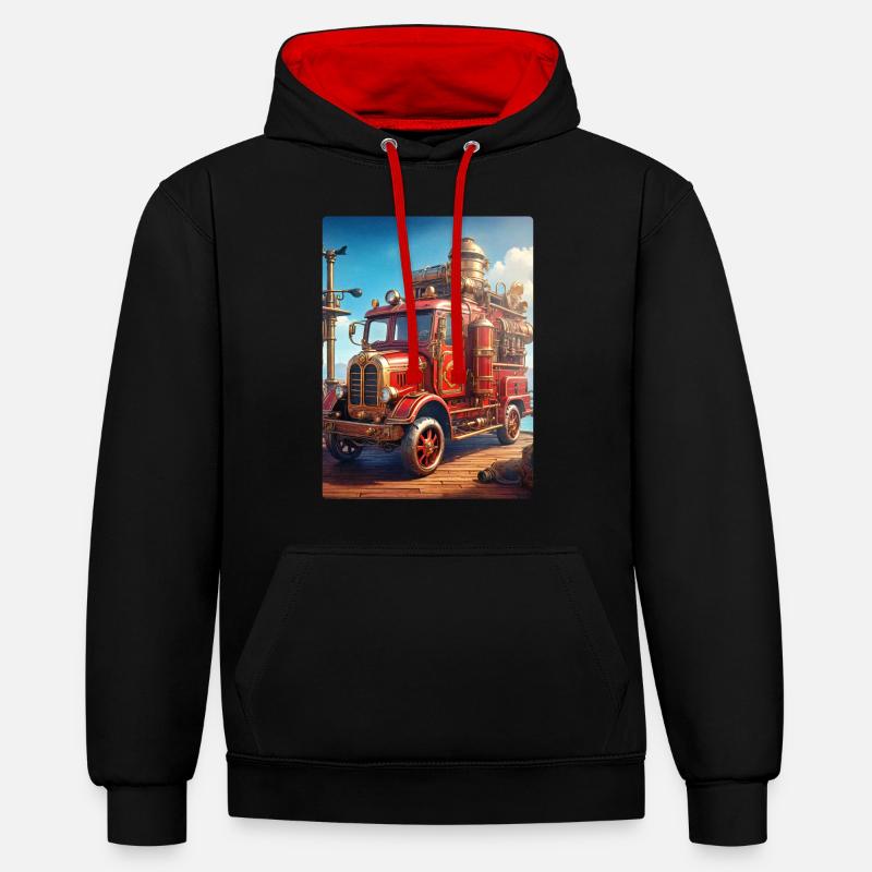 Camion de pompiers steampunk 1.11 - Sweat à capuche contrasté - noir/rouge
