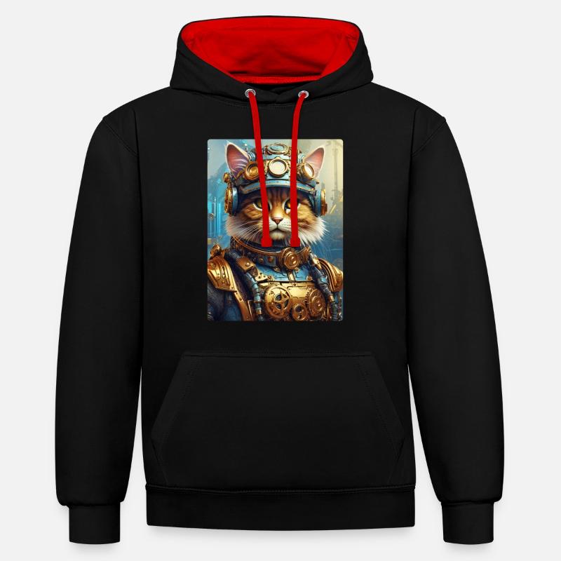 Chat steampunk 1.4 - Sweat à capuche contrasté - noir/rouge