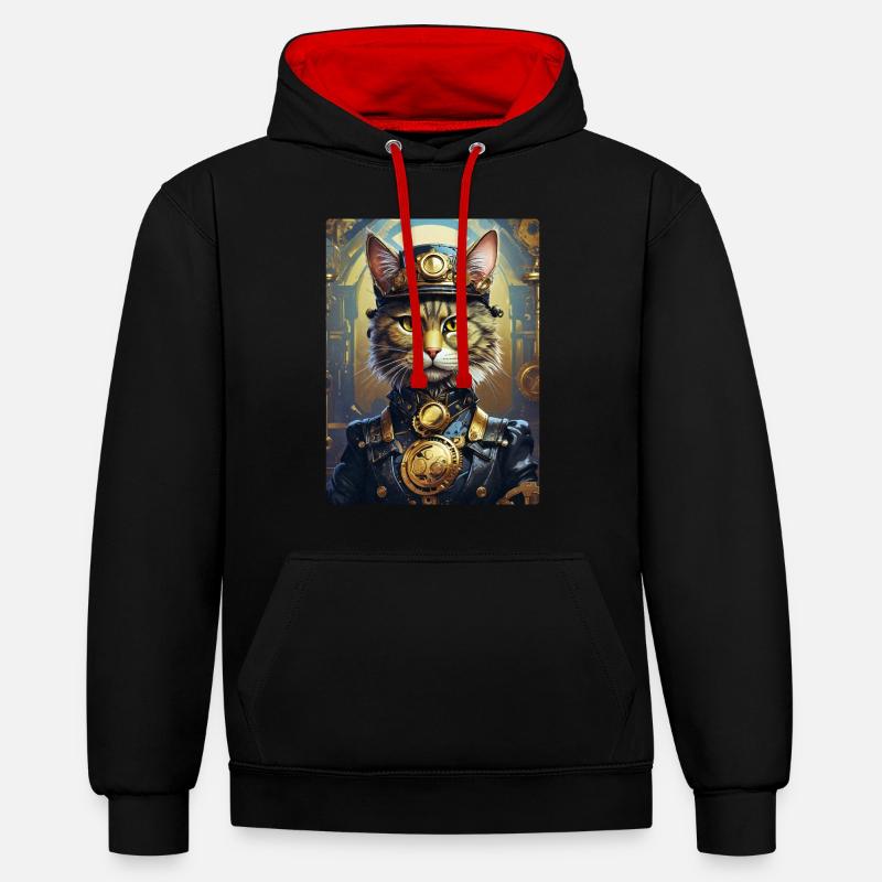 Chat Steampunk 1.8 - Sweat à capuche contrasté - noir/rouge