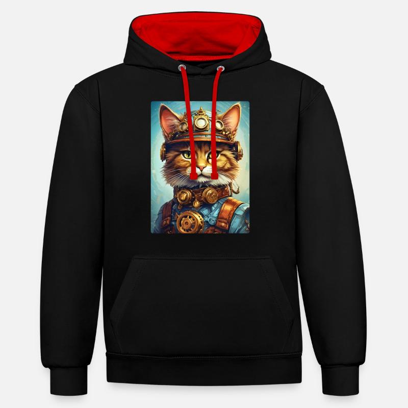 Chat steampunk 1.15 - Sweat à capuche contrasté - noir/rouge