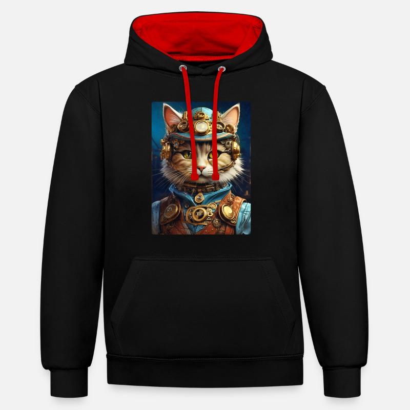 Chat steampunk 1.10 - Sweat à capuche contrasté - noir/rouge