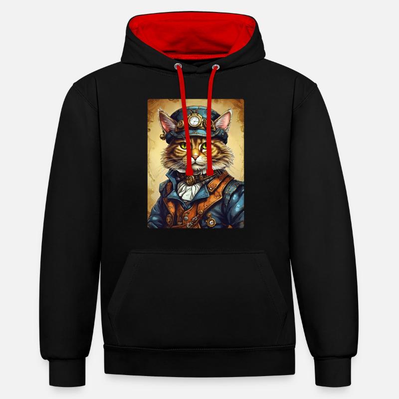 Chat steampunk 1.12 - Sweat à capuche contrasté - noir/rouge