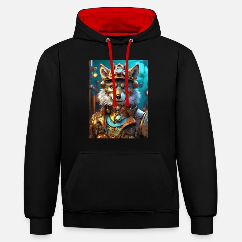 Loup Steampunk 1.13 - Sweat à capuche contrasté - noir/rouge