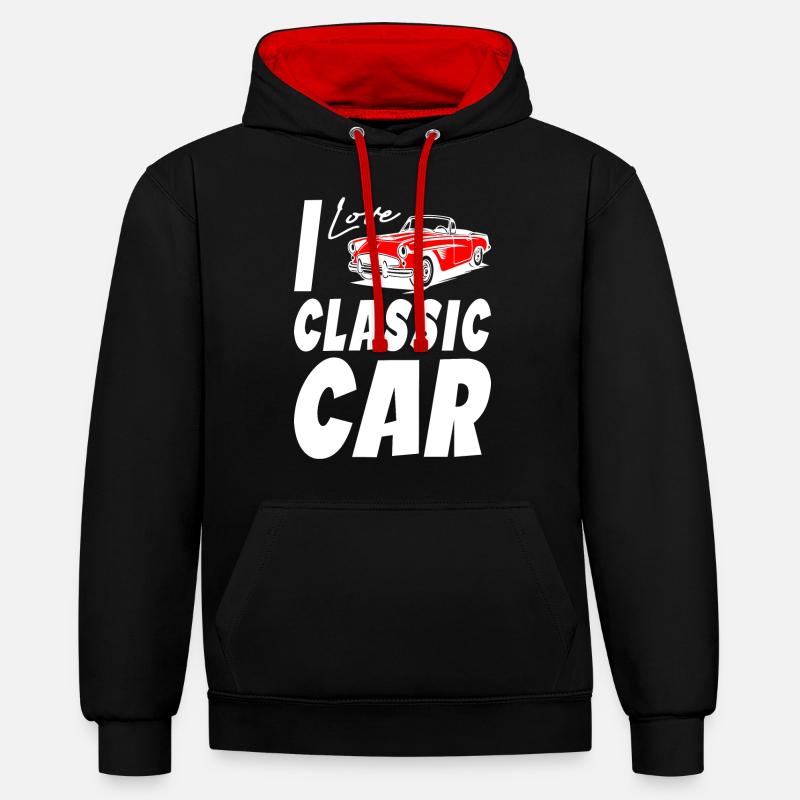 J’aime les voitures classiques - Sweat à capuche contrasté - noir/rouge