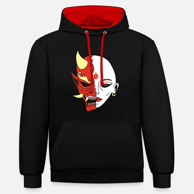 Mensch oder Dämon? - Kontrast-Hoodie - Schwarz/Rot