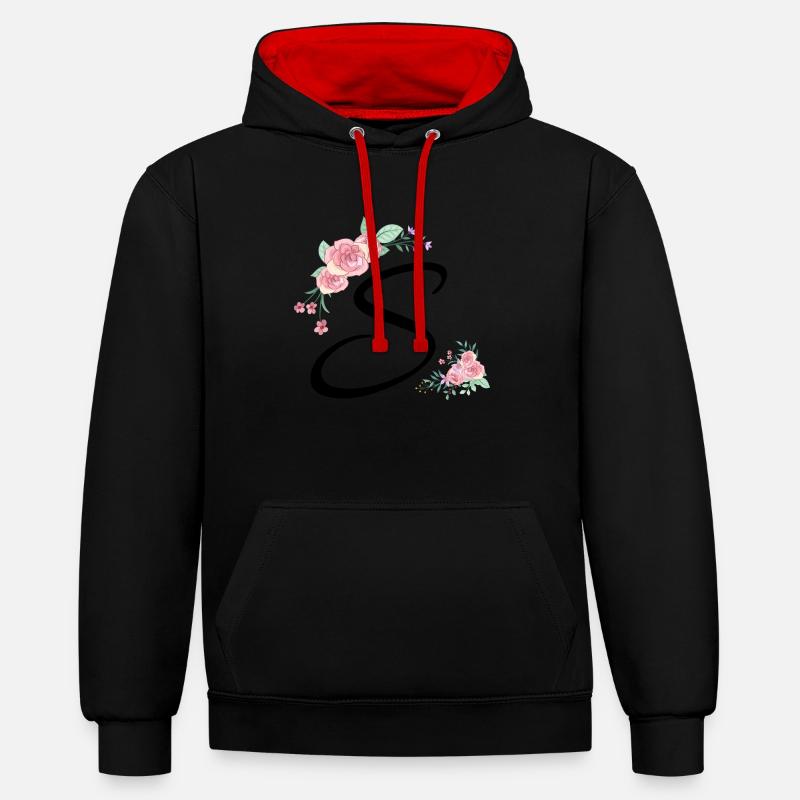 Lettre s fleurs - Sweat à capuche contrasté - noir/rouge