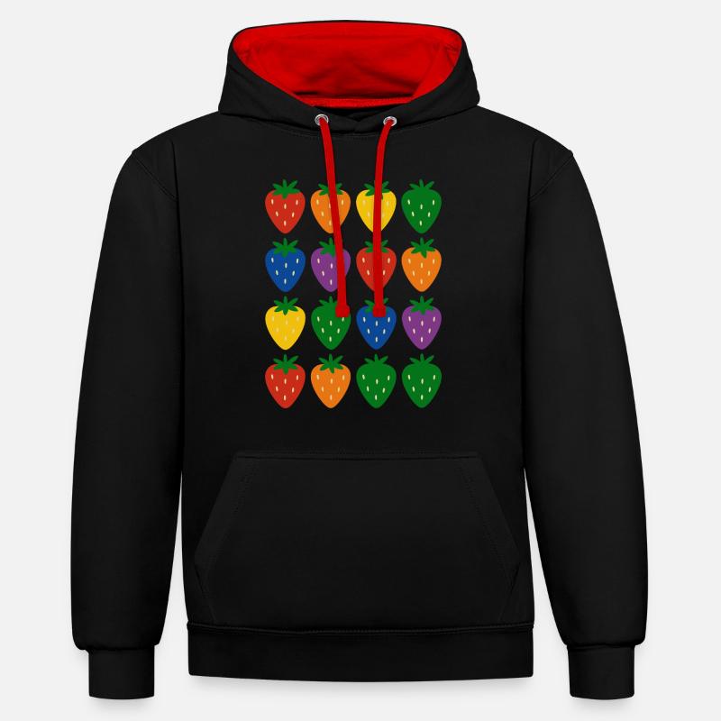 Buntes Regenbogen-Erdbeermuster - Kontrast-Hoodie - Schwarz/Rot