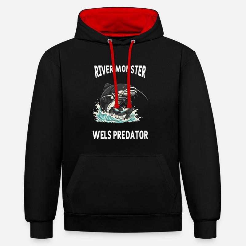 Pêche Rivière Silure Poisson Chat - Sweat à capuche contrasté - noir/rouge