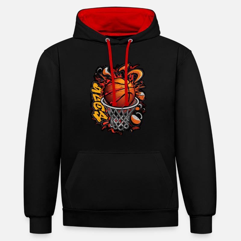 Graffiti de basket-ball dynamique - Sweat à capuche contrasté - noir/rouge