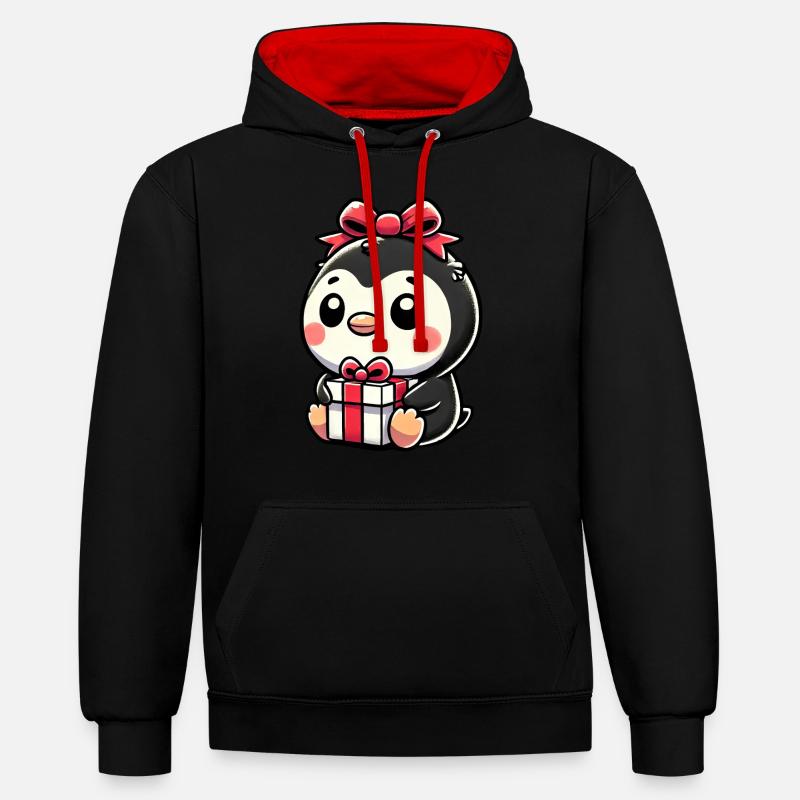 Weihnachtsmann und Pinguin mit Geschenk - Kontrast-Hoodie - Schwarz/Rot