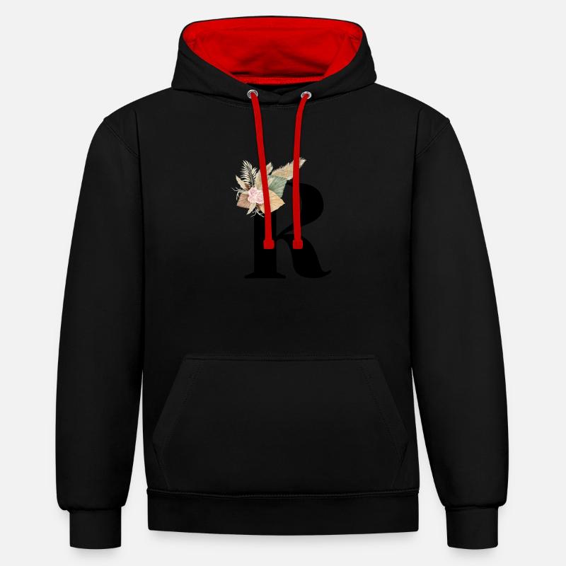 lettre R fleuris - Sweat à capuche contrasté - noir/rouge