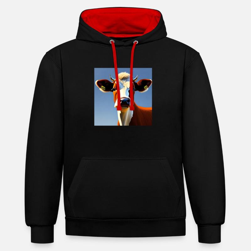 Vache brune et blanche - Sweat à capuche contrasté - noir/rouge