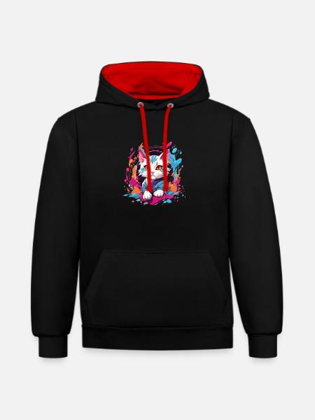 Bunte Katze - Kontrast-Hoodie - Schwarz/Rot