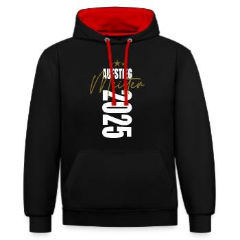 Meister 2025 Aufstiegstrikot Aufstieg 25 - Kontrast-Hoodie - Schwarz/Rot - Vorne - Anna (173cm) & Nico (186cm)