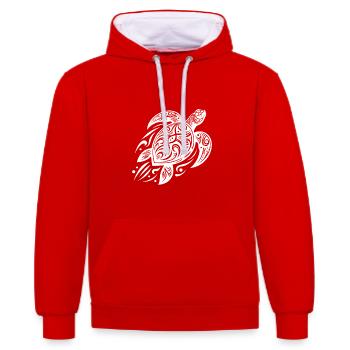 Kraftvolle Pazifik Schildkröte trifft Tribal - Kontrast-Hoodie - Rot/Weiß - Vorne - Liana (172cm) & Jaron (178cm)