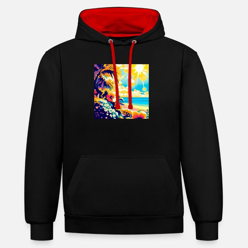 Plage tropicale rétro et soleil - Sweat à capuche contrasté - noir/rouge