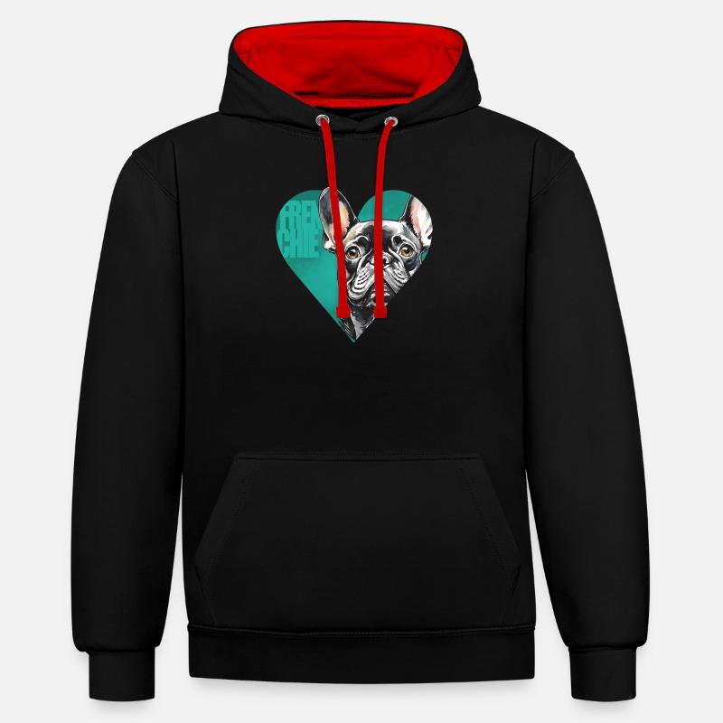 Portrait de bouledogue français - Sweat à capuche contrasté - noir/rouge