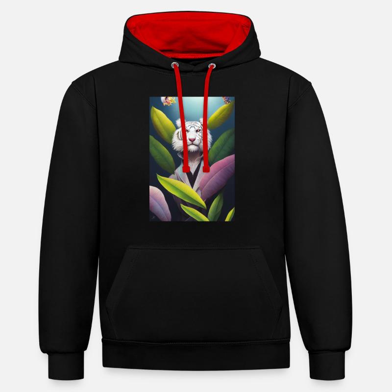 Lion tropical Blanc - Sweat à capuche contrasté - noir/rouge
