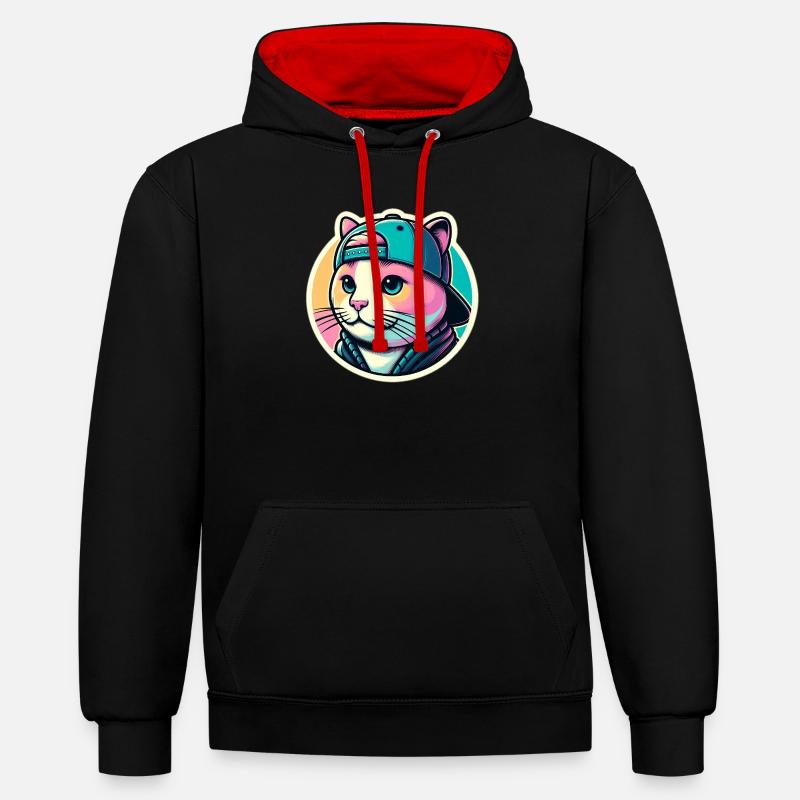 Chat avec casquette en pastel - Sweat à capuche contrasté - noir/rouge