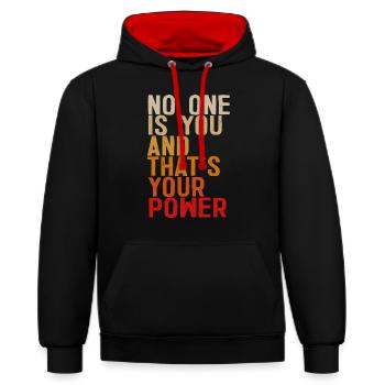 Niemand ist du und das ist deine Macht - Kontrast-Hoodie - Schwarz/Rot - Vorne - Anna (173cm) & Nico (186cm)