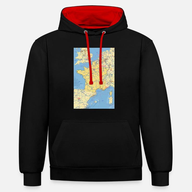 Frankrig kort med byer, veje, floder, søer - Kontrast-hoodie - sort/rød