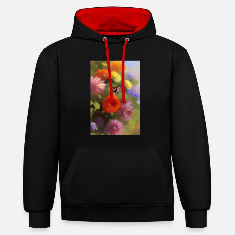Fleurs et papillon - Sweat à capuche contrasté - noir/rouge