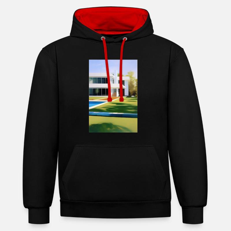 Villa blanche avec piscine - Sweat à capuche contrasté - noir/rouge