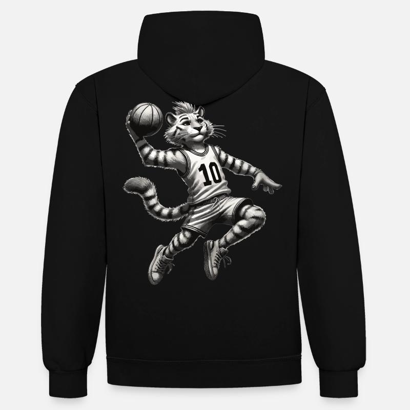 Tiger jouant au basket - Sweat à capuche contrasté - noir/rouge